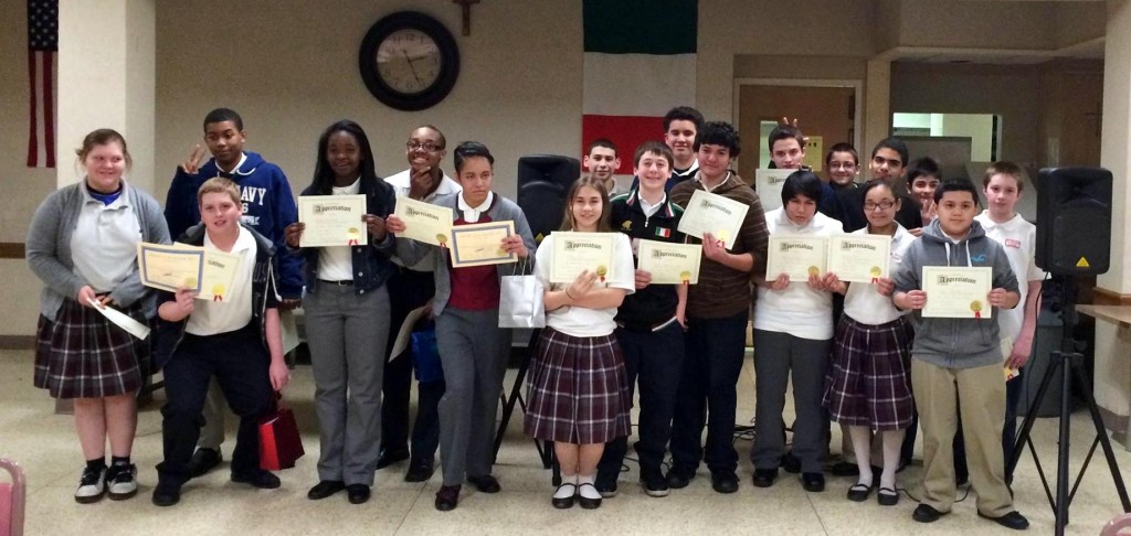 Students at St. Rocco School in Cleveland who participated in a Lake Erie Ink Residency culminating in a Poetry Slam